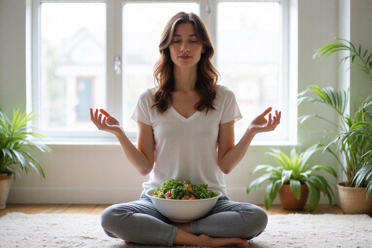 Donna che medita mentre mangia una ciotola di insalata, simbolo di alimentazione consapevole.